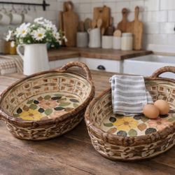 Hand Painted Ceramic Floral Wicker Baskets 