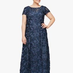 Alex Evenings Women's Long Rosette Mother of The Bride Dress with Short Sleeves, Formal Gown, Wedding Guest (Plus Size)