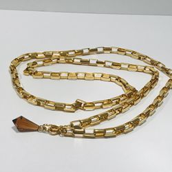 Vintage Joan Rivers Extra Long Gold Tone Rectangle Chain Link Amber Faux Stone. 