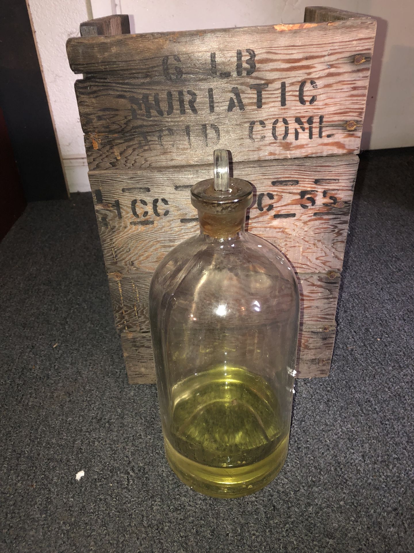 Glass stopper bottle 1/2 Gal Antique In Wood Box Muriatic Acid