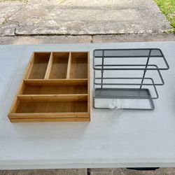 SET OF 2 Wood Bamboo Kitchen Drawer Utensil Organizer + Metal Wall Shelf Storage Basket w/ Hardware