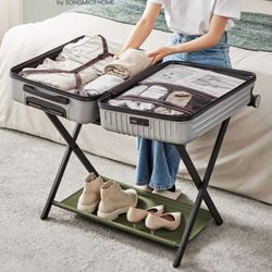 Set of 2 Luggage Foldable Rack for Airbnb Guest Room, Suitcase Stand with Storage Shelf, Steel Frame