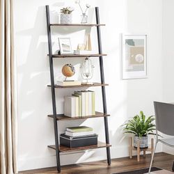 Ladder Shelf Leaning Shelf, 5-Tier Bookshelf Rack, for Living Room Kitchen Office, Stable Steel, Industrial, Rustic Brown and Black ULLS46BX