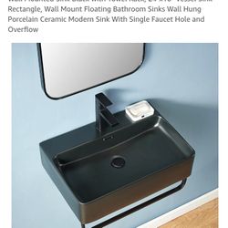 Mounted Sink Black with Towel Rack, 24"x16" Vessel Sink Rectangle, Wall Mount Floating Bathroom Sinks Wall Hung Porcelain Ceramic Modern Sink With Sin