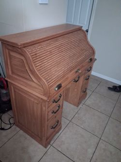 Oak Roll-Top Desk with Drawers