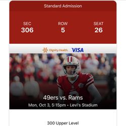 One (1) Ticket 49ers Vs Rams Monday Night 10/3 Thumbnail