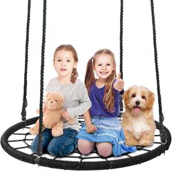 48 Inch Spider Web Swing Tree Swing for Kids Round Swing Platform for Outdoor, Playground, Rope Swing for Tree or Swing Set, 2 Free Hanging Straps and