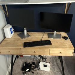 Desk, Two Computer Monitors And Printer 