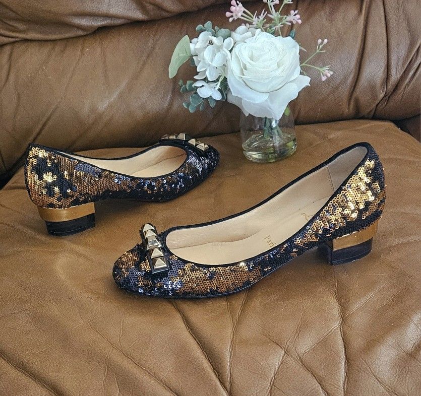 Women's Christian Louboutin Black Gold Sequins Kitten Block Heels Size 6 US (Fits Size 6.5 as well)