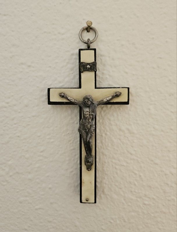 Antique Wood Celluloid Crucifix Wall Hanging