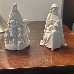 2 Vintage Porcelain Statues of Jesus and some children and Mother Mary/Madonna with baby Jesus 1936