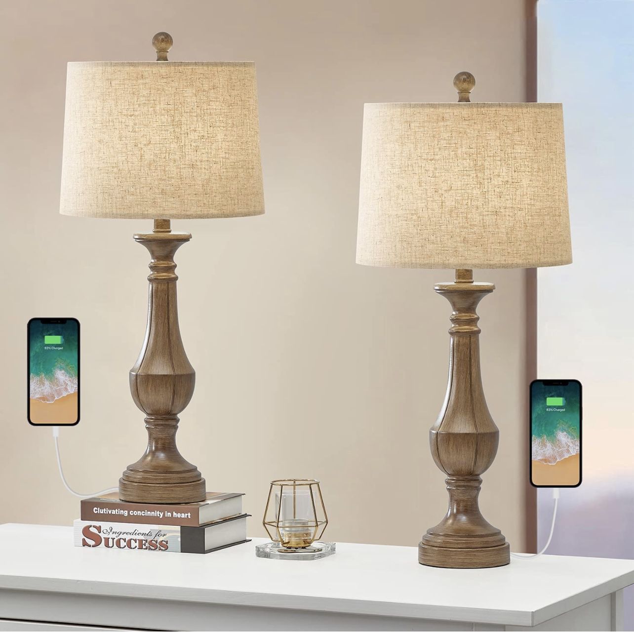 27.75'' USB Farmhouse Table Lamp Sets of 2 for Living Room Classic Brown Bedroom Bedside Nightstand Lamp with 2 USB Ports Faux Wood  Useful USB Ports: