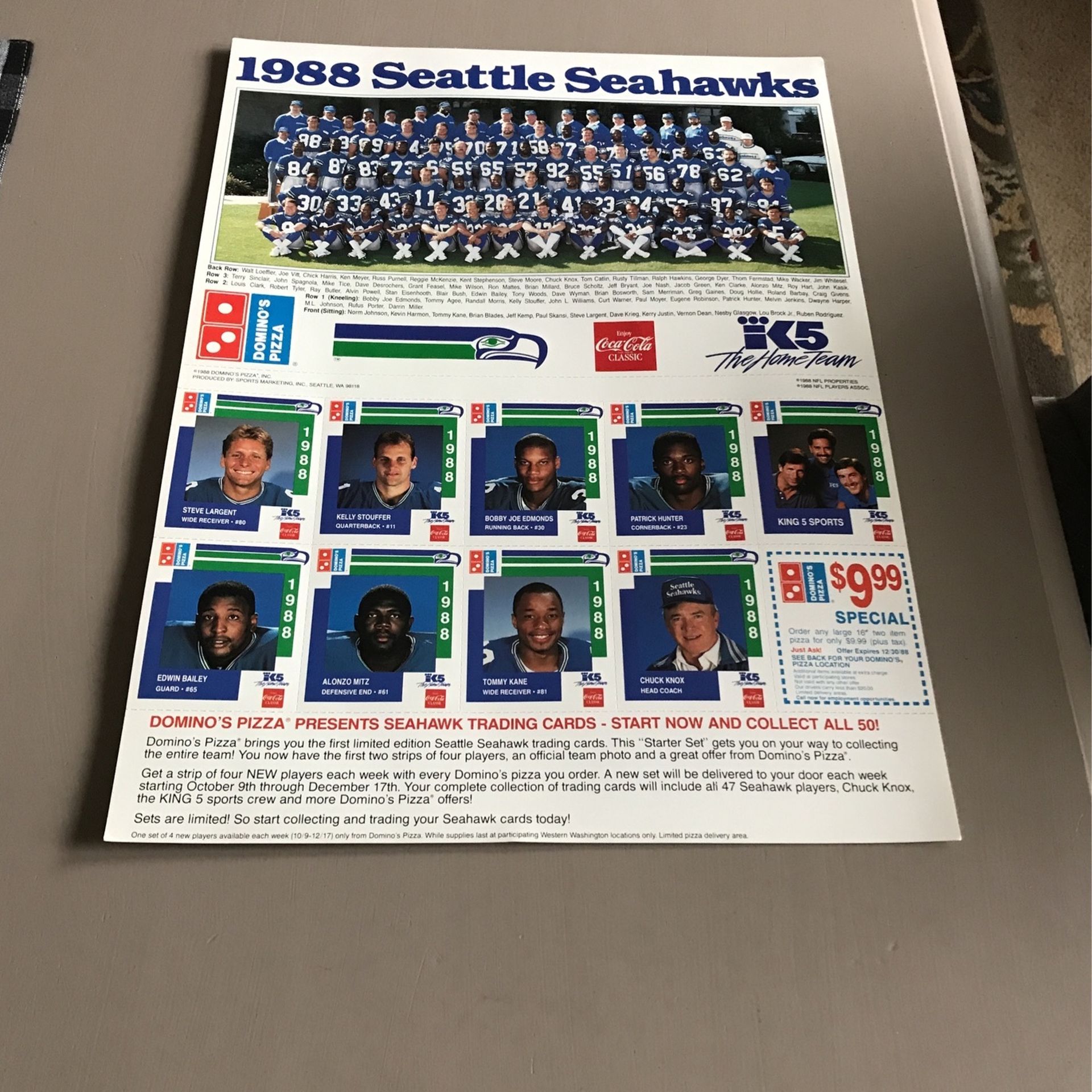 1988 Seattle Seahawks/Dominos Pizza Team Picture& TradingCards