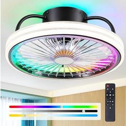0904: New Low Profile Ceiling Fan with Light - Modern Flush Mount Ceiling Fan,15 RGB Dimmable LED Enclosed Ceiling Fans, Modern Bladeless LED-RGB Ambi