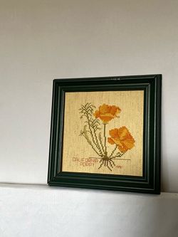 Vintage 1991 Framed California Poppy Cross Stitch Art (5x5)