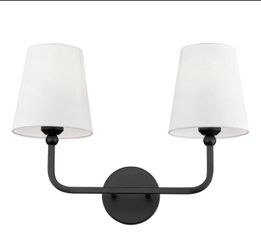 New 2-Light Bathroom Vanity Light Fixtures in Matte Black Finish, Modern Bedside Wall Sconces with Flared White Fabric Shade for Bathroom, Hallway, Li