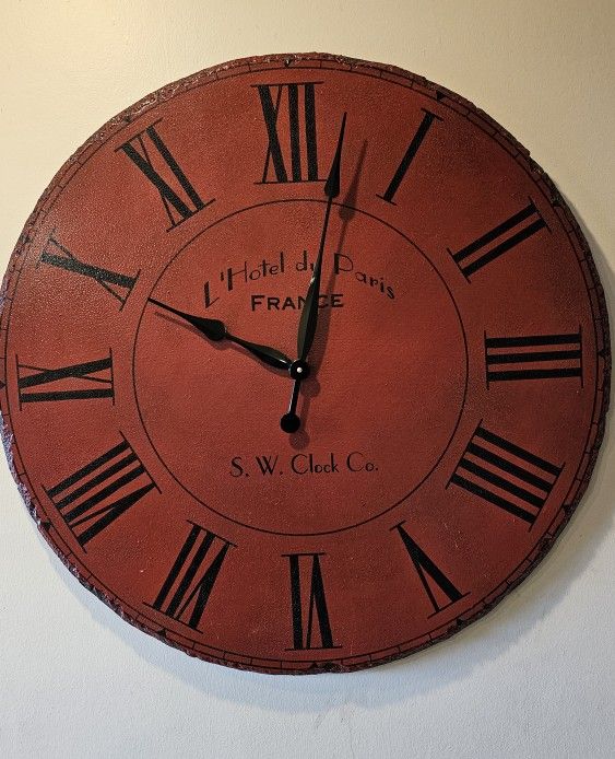 Vintage 30” Red-Cracked Wood Wall Clock by S.W. Clock Company – L’Hotel du Paris
