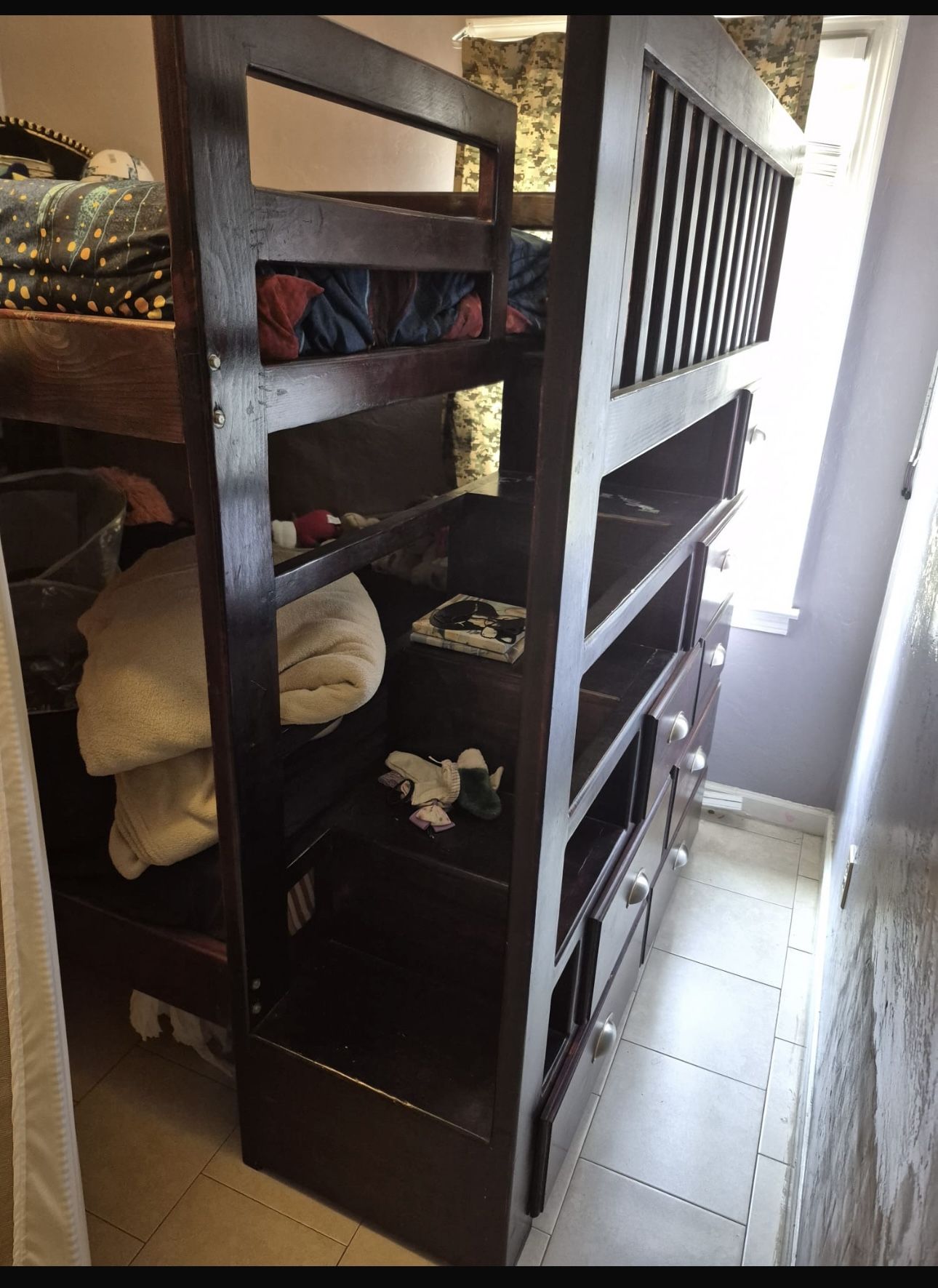 Wood bunk beds with dresses & stairs