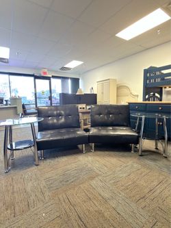 🖤✨ 2-Piece Black Faux Leather Reclining Futon Chairs & 2 Glass End Tables Set