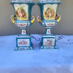 Pair of Antique French Sevres style gilt ormolu and porcelain urn vases