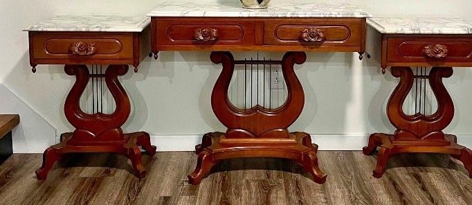 2 PC Set Italian Marble Top, Genuine Mahogany Lyre/harp Tables