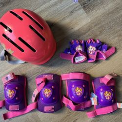 Toddler helmet, knee pads, elbow pads, gloves. Pink, 2-4 year old, protective gear