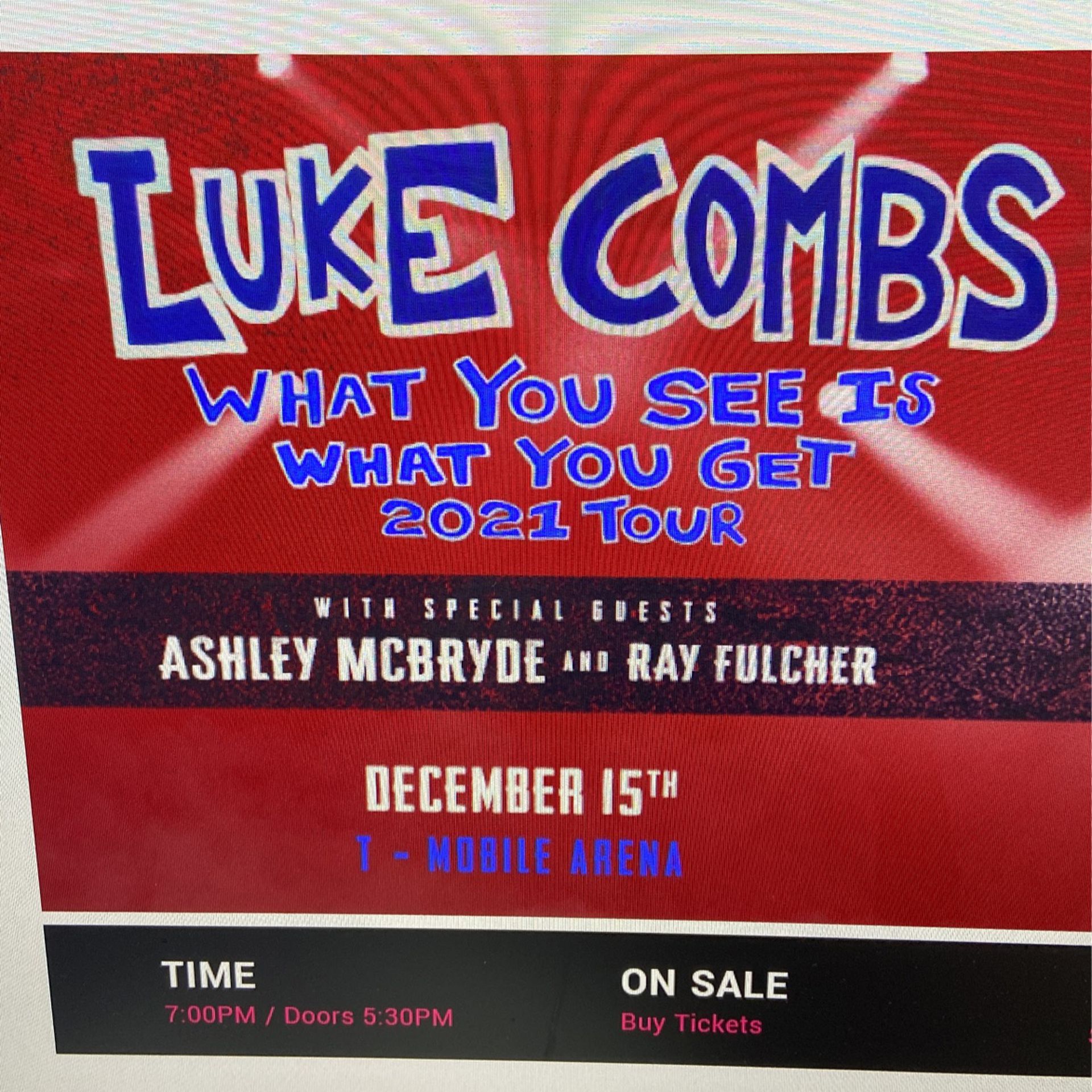 Luke Combs Tickets Las Vegas TMobile Arena December 15,2021
