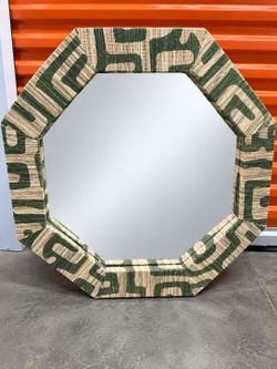 Large 30" Octagon Wall Mirror Green Beige Geometric Woven Grasscloth Boho Decor