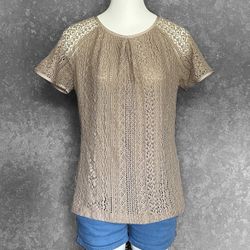 Banana Republic Beige Brown Tan Lace Raglan Sleeves 14 Top Blouse Shirt 