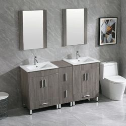 60" Bathroom Vanity Wood Cabinet w/ Double White Sink & Faucet Shaker Vanity
