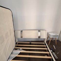 Cream, leather and silver metal bed frame queen size