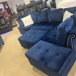 Blue Velvet Sectional Couch 