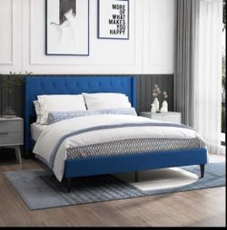 Brand new Queen Size Blue Upholstered Platform Bed Frame
