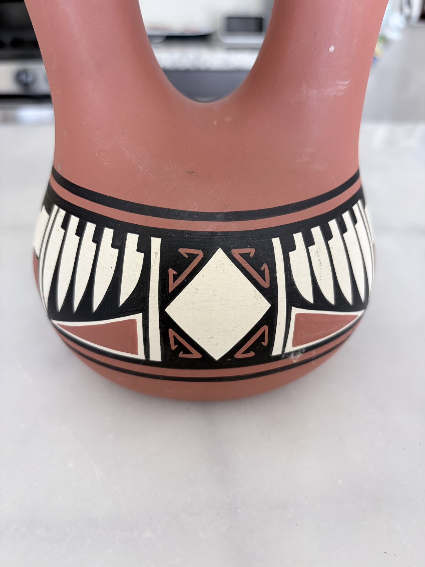 Native American Fine Line Hand Painted Southwest Wedding Vase Pottery. Signed