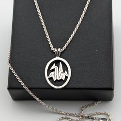 925 Silver Tsuru Oval Pendant with 18" Twisted Rope Necklace