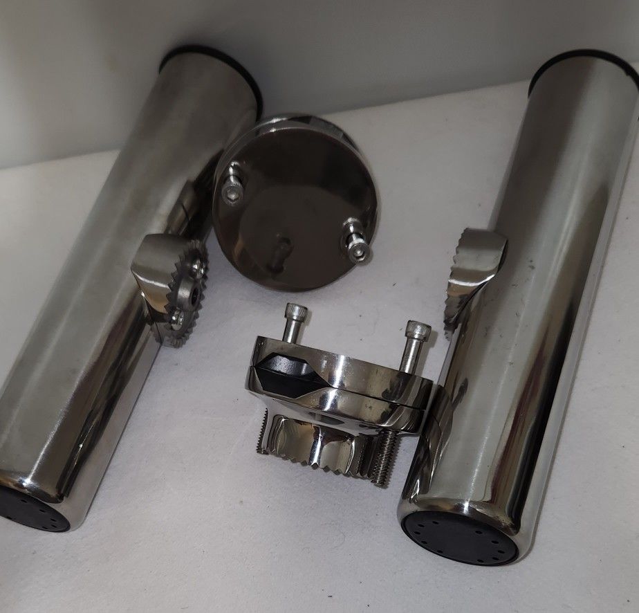 New Set 2 Stainless Steel Boat Fishing Rod Holder Clamps On 1 1/4" To 2" Rail Mount