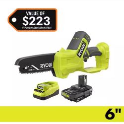 RYOBI ONE+ 18V 6 in. Cordless Battery Compact Pruning Mini Chainsaw with 2.0 Ah Battery and Charger=Ryb-443