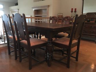 Jacobean style dining room, table and chairs