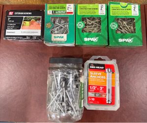 Large Lot of Construction Screws, Nails & Concrete Anchors — Mostly Full