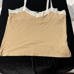 Lauren Ralph Lauren Women's 2X Lace-Trim Spaghetti Strap Tan w/White Built-in  Shelf Bra