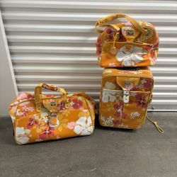 Vintage Roxy Orange Floral Luggage Suitcase Duffle Bag Carry On Travel Trio Set
