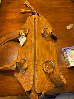 Tan Croc-Embossed Leather Handbag with Tassels
