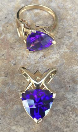 Gold Plated Sterling Silver Pendant & Ring Set With Purple CZ - Ring Size 7