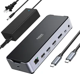 USB C Laptop Docking Station 3 Monitors,150W DC Power for Dell/Lenovo/HP
2 HDMI DisplayPort 4K@144Hz,USB A 2.0/3.0,USB C 3.1 10Gbps&30W Output,Etherne