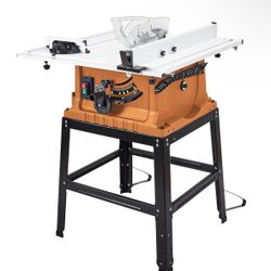 Table Saw, 10 Inch 15A Multifunctional Saw with Stand & Push Stick for Jobside, 90° Cross Cut & 0-45° Bevel Cut, Cutting Speed Up to 5000RPM, Adjustab