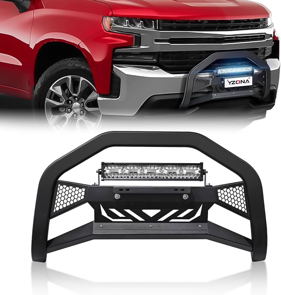 Bull Bar with LED Light Bar & License Plate Frame Compatible for 2019-2023 Chevy Silverado 1500 & GMC Sierra 1500 Front Grill Guard Grille, Truck Brus