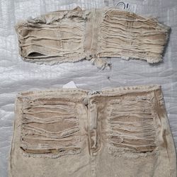 Distressed Denim Skirt Set, Taupe Color, Size XL