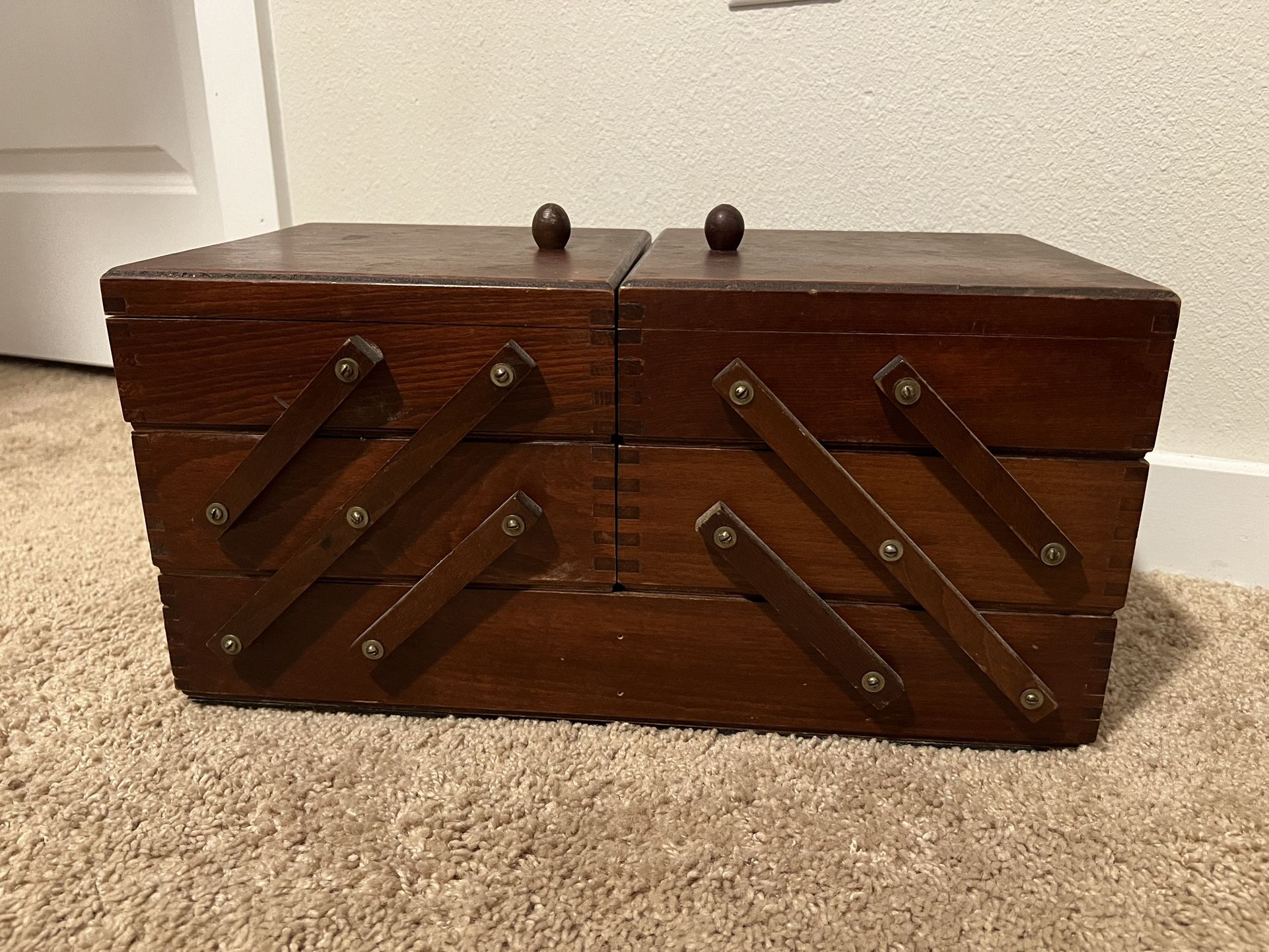 Vintage Wood Sewing Box 3 Tier Accordian Fold Out Tabletop