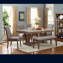 Brand New Dinning Sets Real Marble Table Top Solid Wood Brown Color Grey Fabric Chairs
Round Table & 6 Chairs: $885
Rectangular, Bench & 4 Chairs: $9