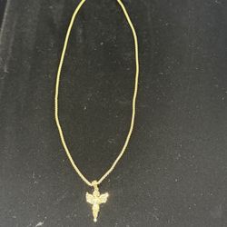 10k Yellow Gold 1.8mm Round Box Chain In 18inches With 10k Gold Angel Pendant.